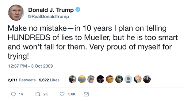 Illustration for article titled Tweet For Everything: In 2009, Donald Trump Tweeted That Robert Mueller Is An Honest Prosecutor Who Will Lock Him Up In Prison One Day